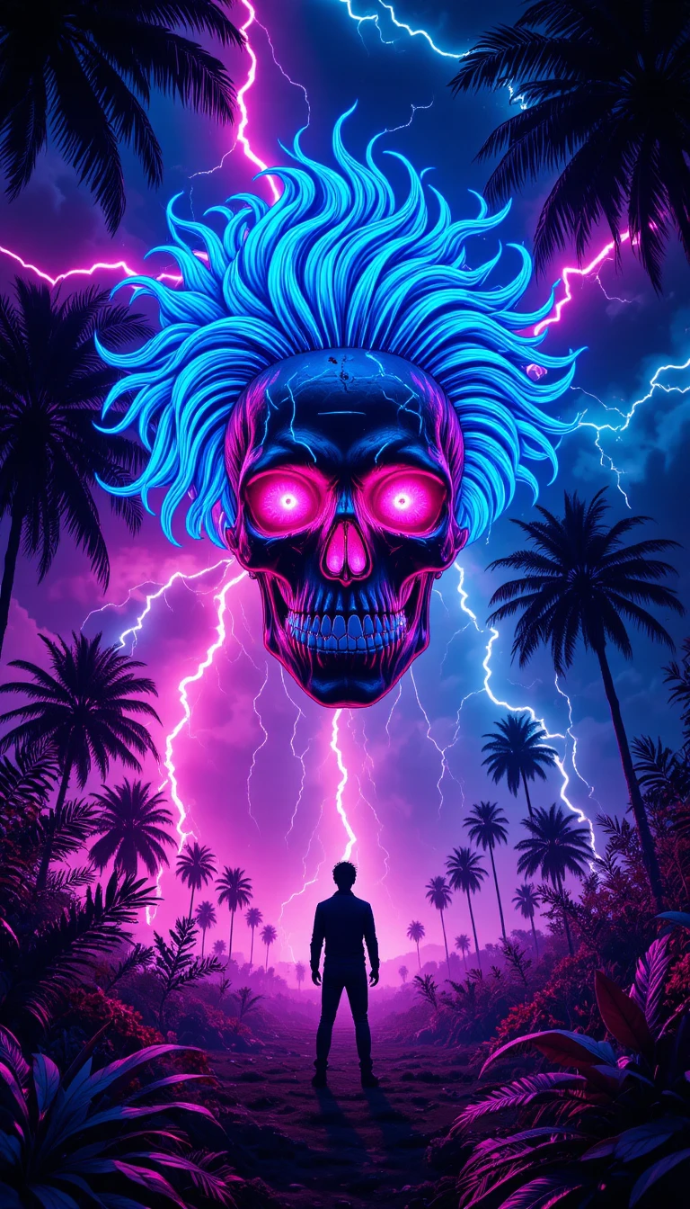 Crâne néon psychédélique avec cheveux bleu électrique et éclairs