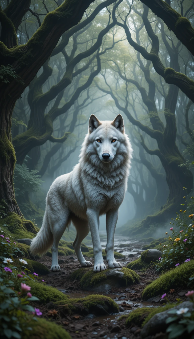 Lobo majestoso em clareira de floresta enevoada com luz suave