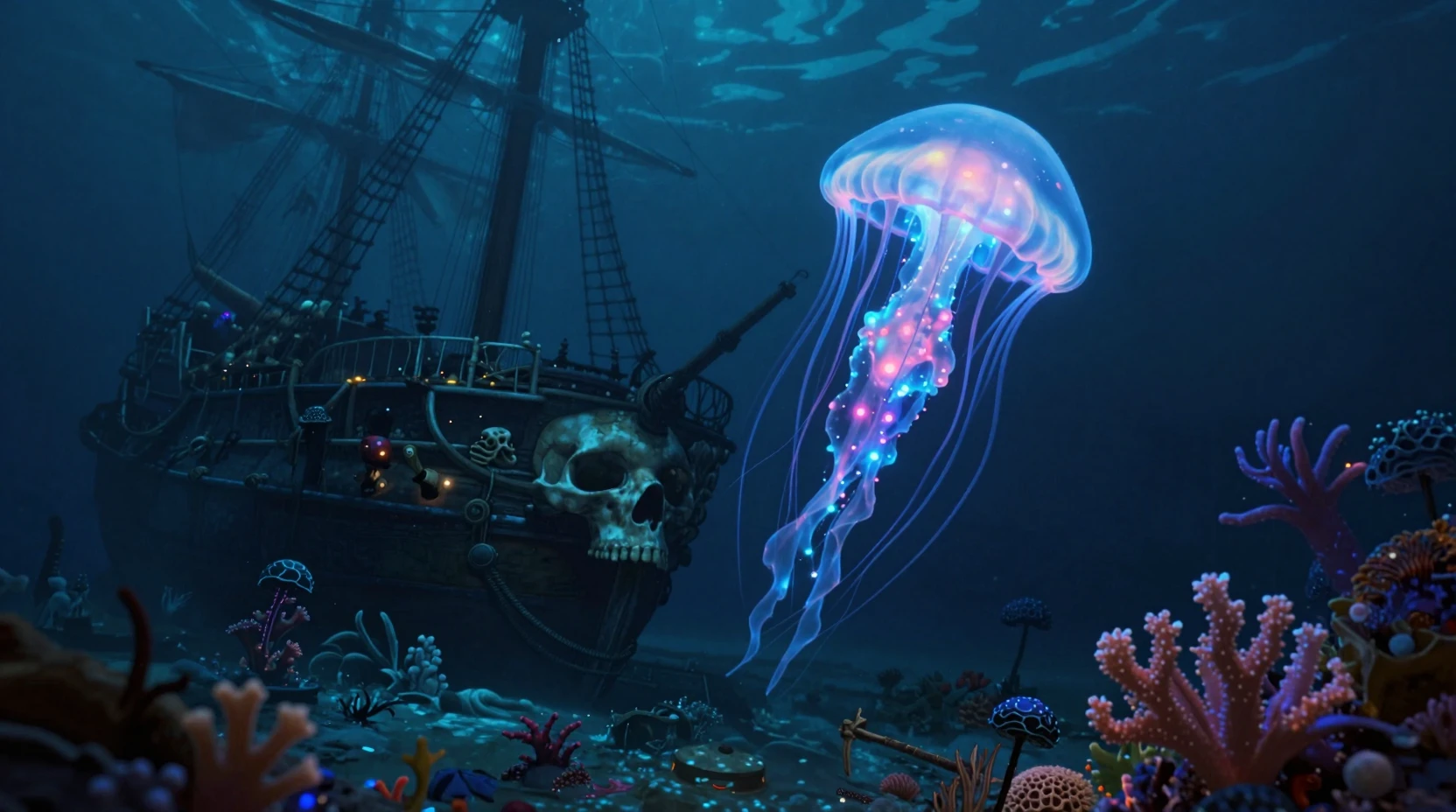 Biolumineszierende Qualle über einem geisterhaften versunkenen Galeonenschiff