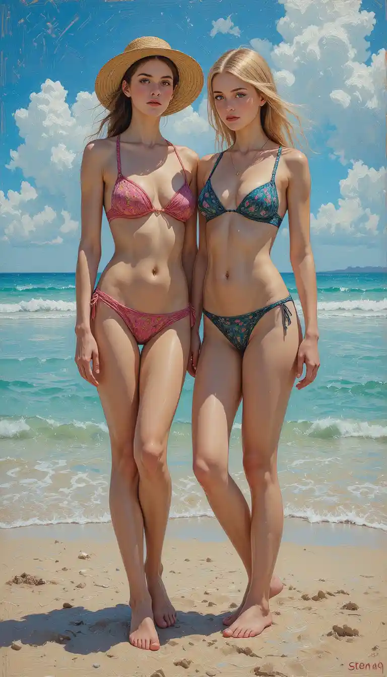Oil painting of two elegant women relaxing on a beach
