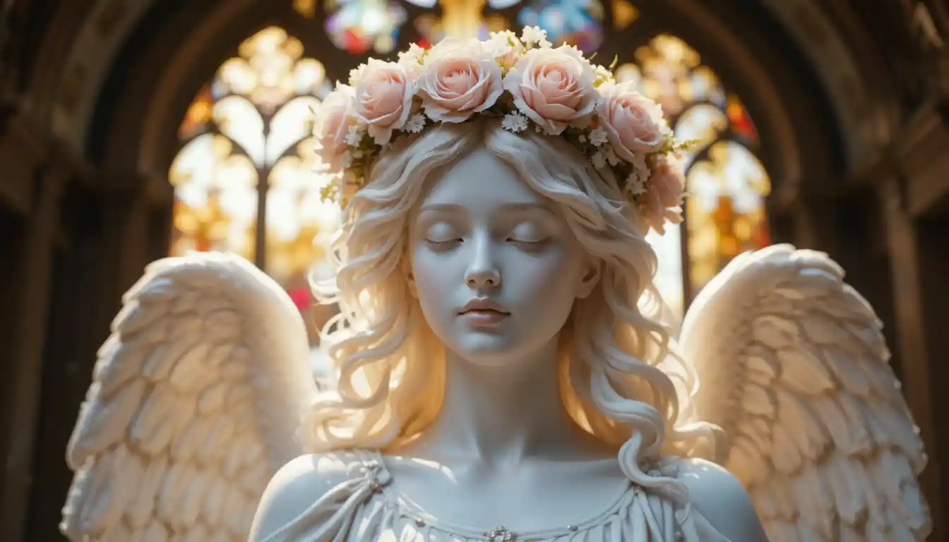 Marble angel statue with floral crown in glowing light