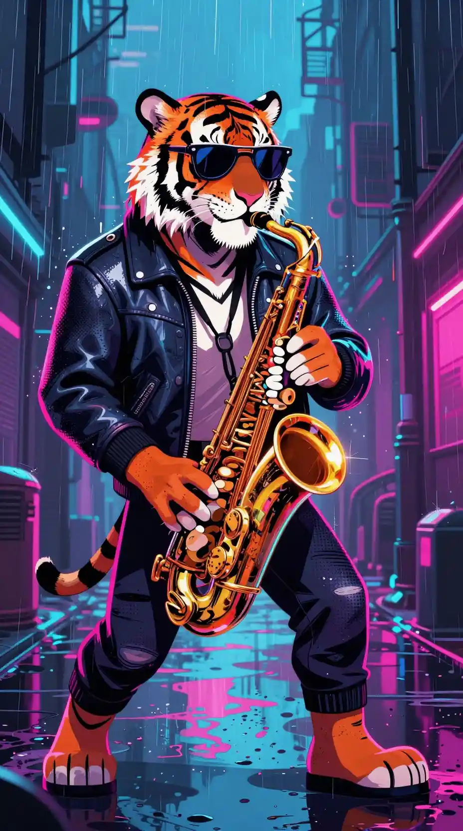 Cyberpunk Bengal Tiger Playing Saxophone In Neon Alley