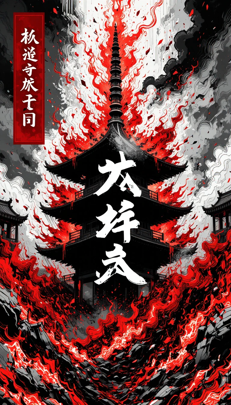 Ilustración dramática de pagoda envuelta en caóticas llamas rojas