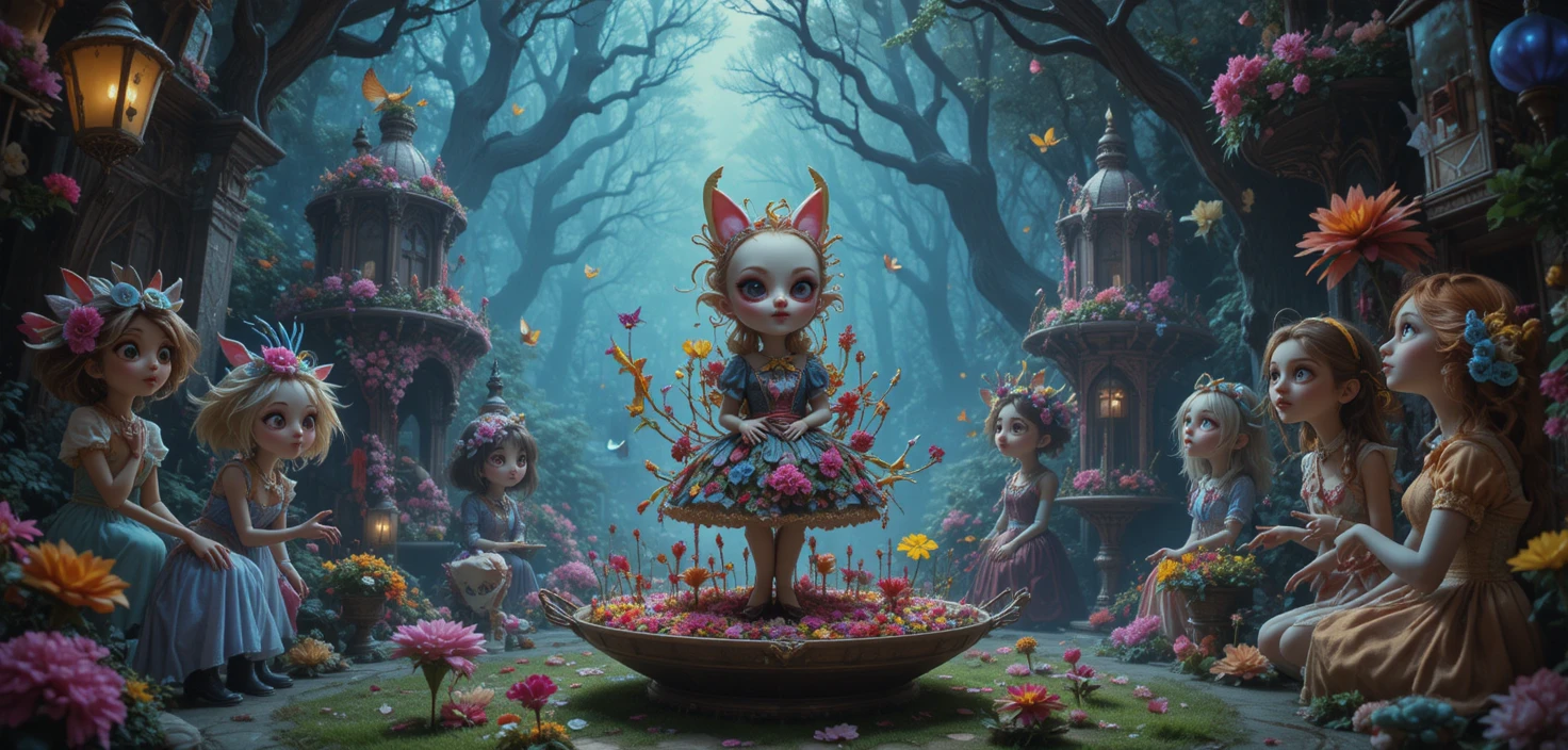 Whimsical 80s fantasy characters in a vibrant wonderland