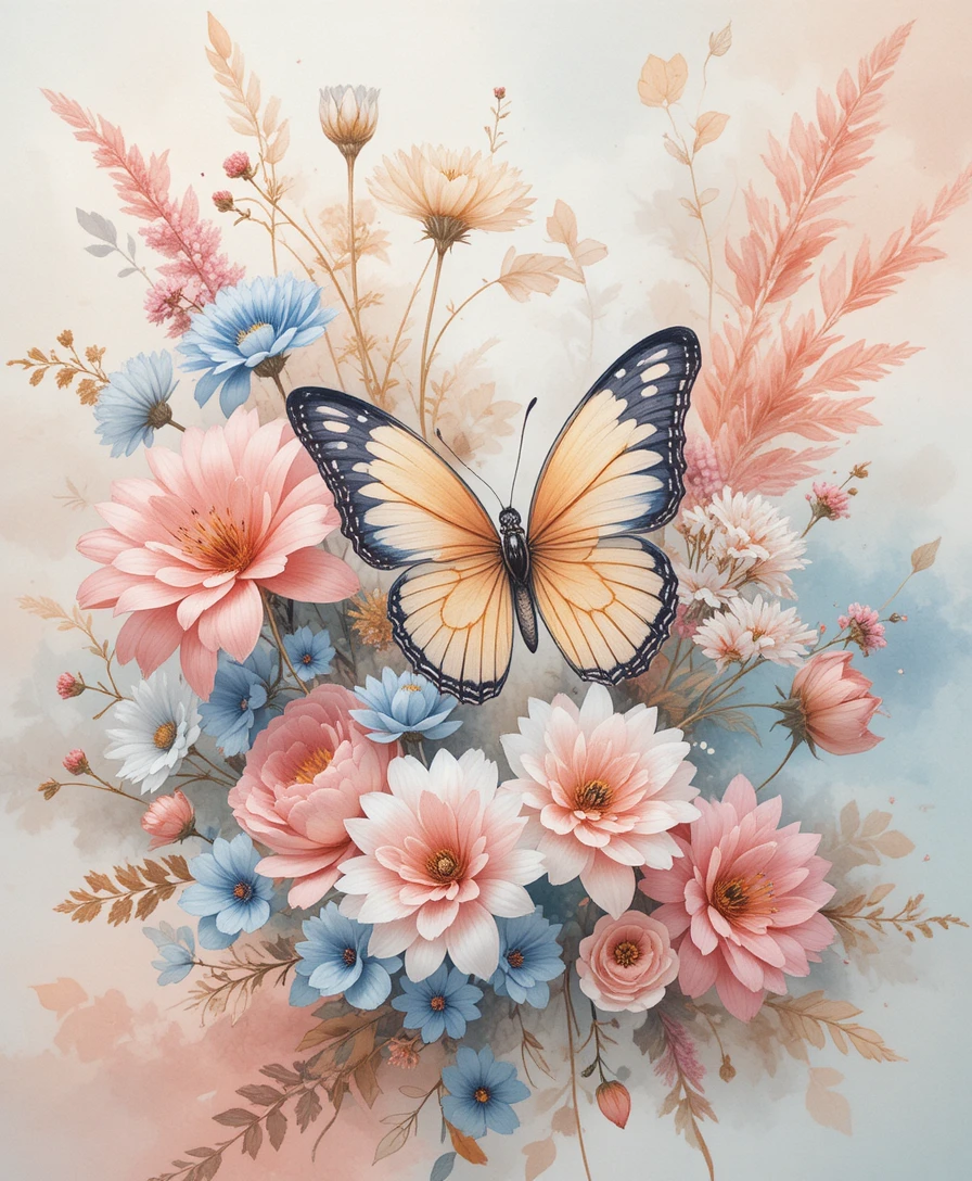Zartes Aquarell-Blumenbouquet mit Schmetterlingen und goldenem Laub