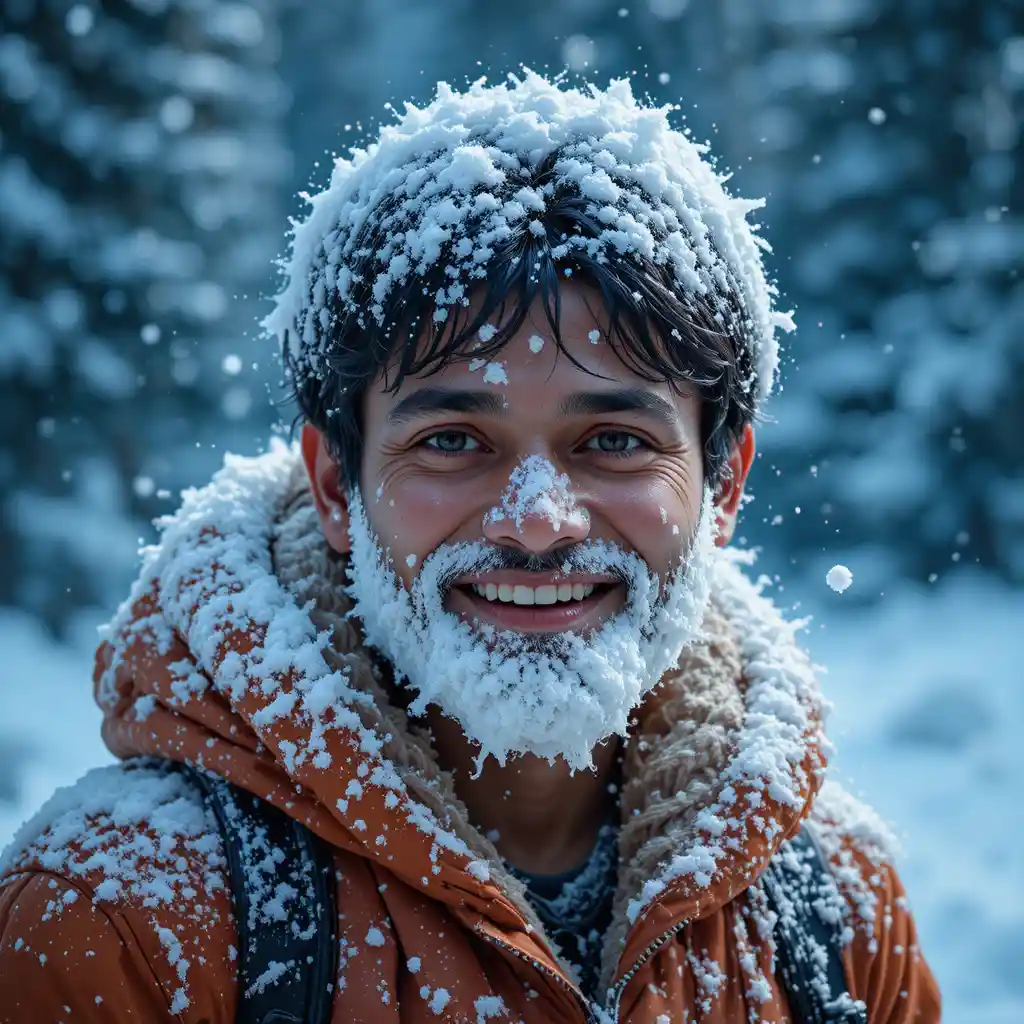 Uomo sorridente in piedi nella neve nonostante il freddo