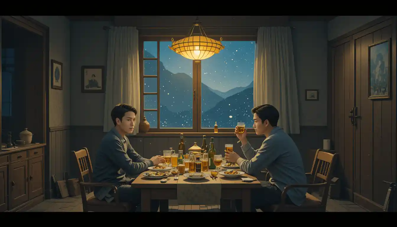 Two men share a quiet New Year night in a village room