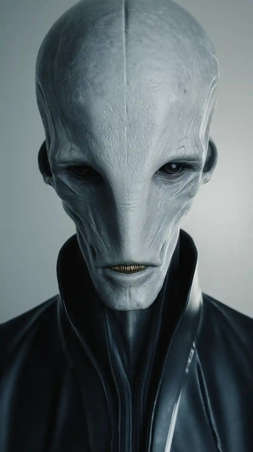 Créature humanoïde futuriste en combinaison noire brillante à visièrе – portrait