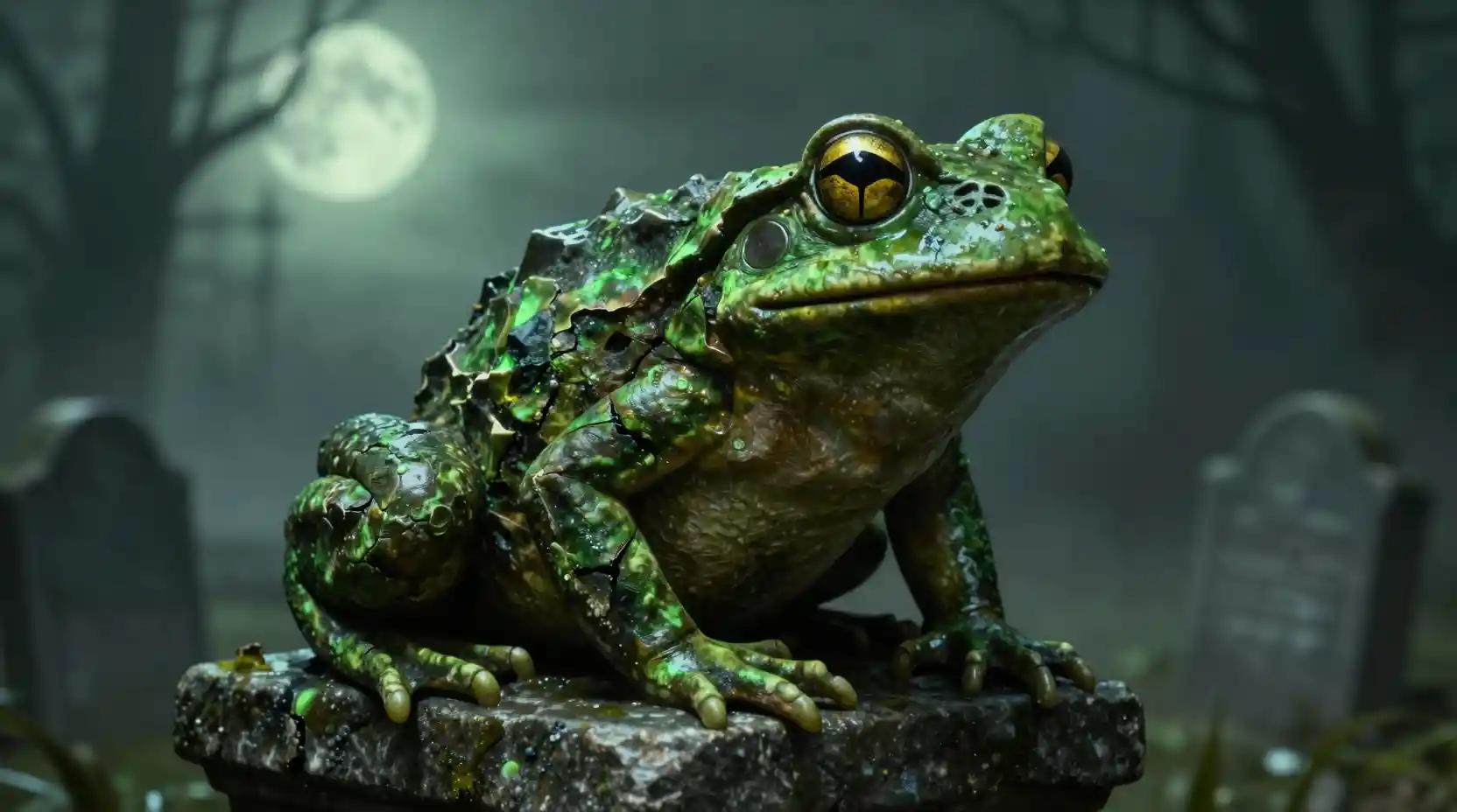 Gargoyle rana di pietra su un cimitero nebbioso illuminato dalla luna