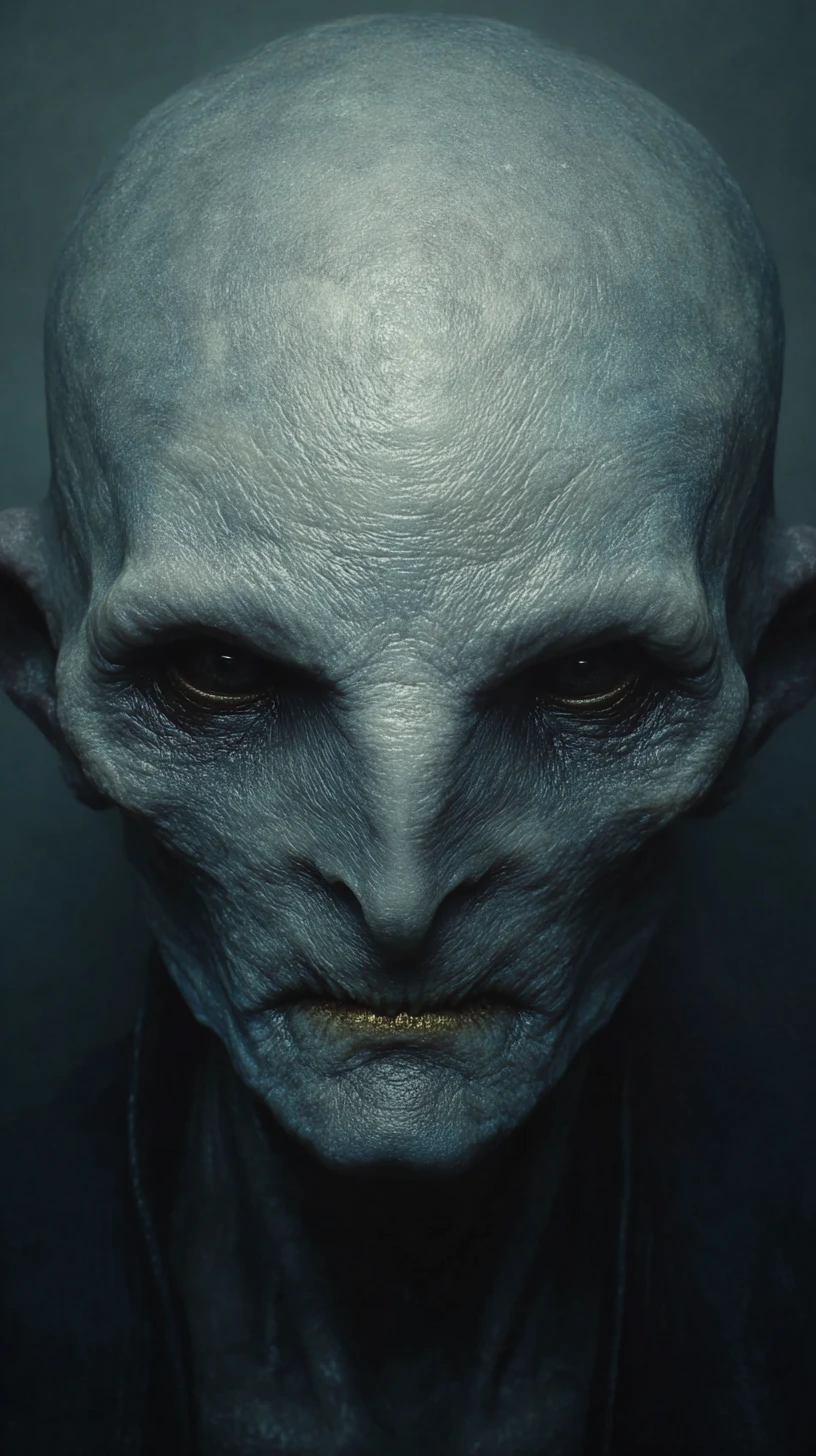 Retrato de criatura humanoide grotesca em estúdio azul cinematográfico