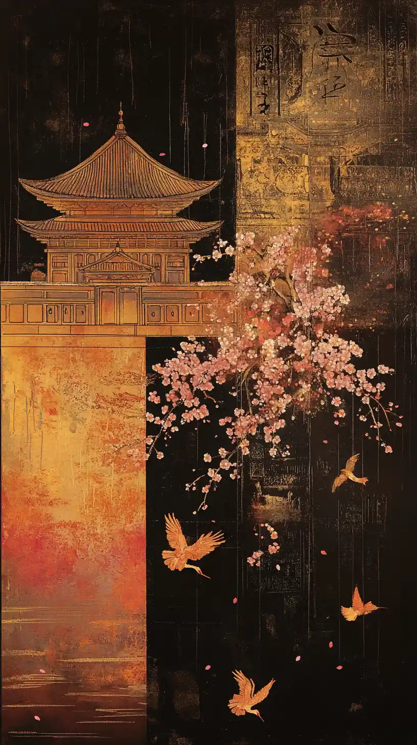 Japanese temple landscape with cranes and cherry blossoms