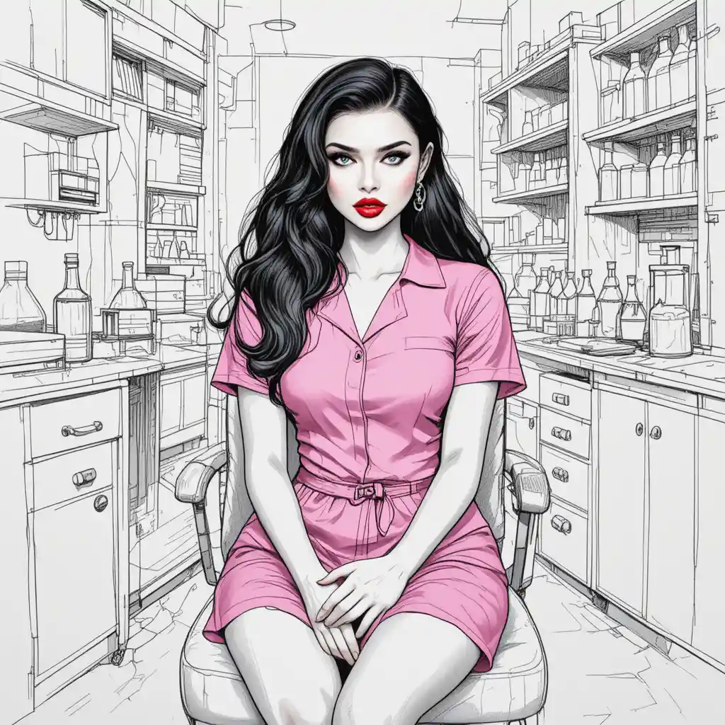 Young nurse in pink blouse seated in messy laboratory