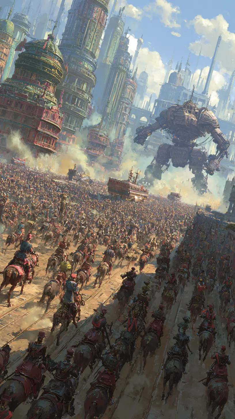Steampunk battle with war machines before a vast city