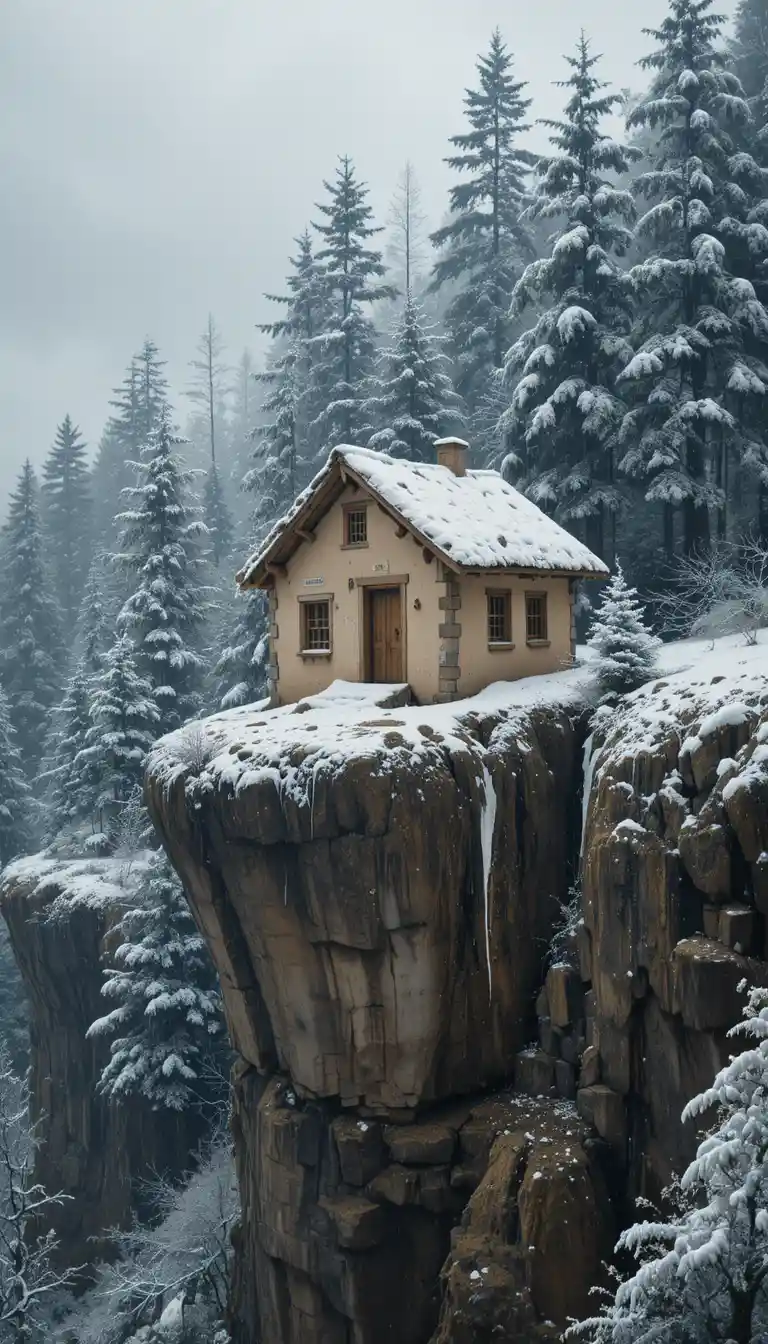 Pequena cabana de barro em um penhasco na floresta nevada