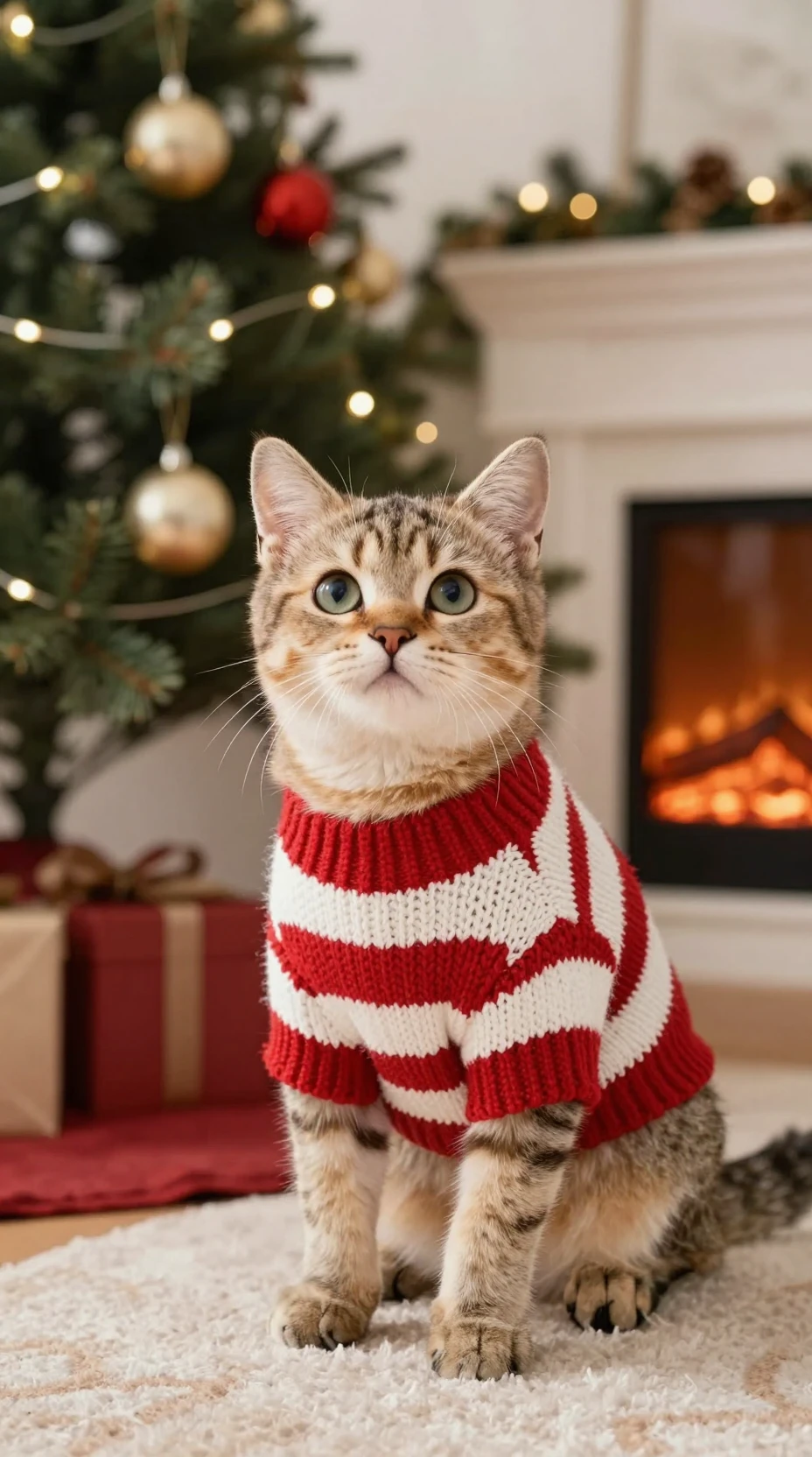 Chaton en Pull Rayé sous le Sapin de Noël près de la Cheminée