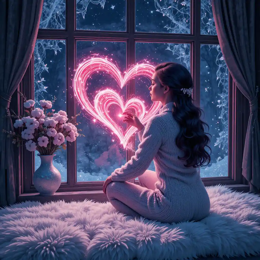 Woman drawing a glowing heart on a frosted window