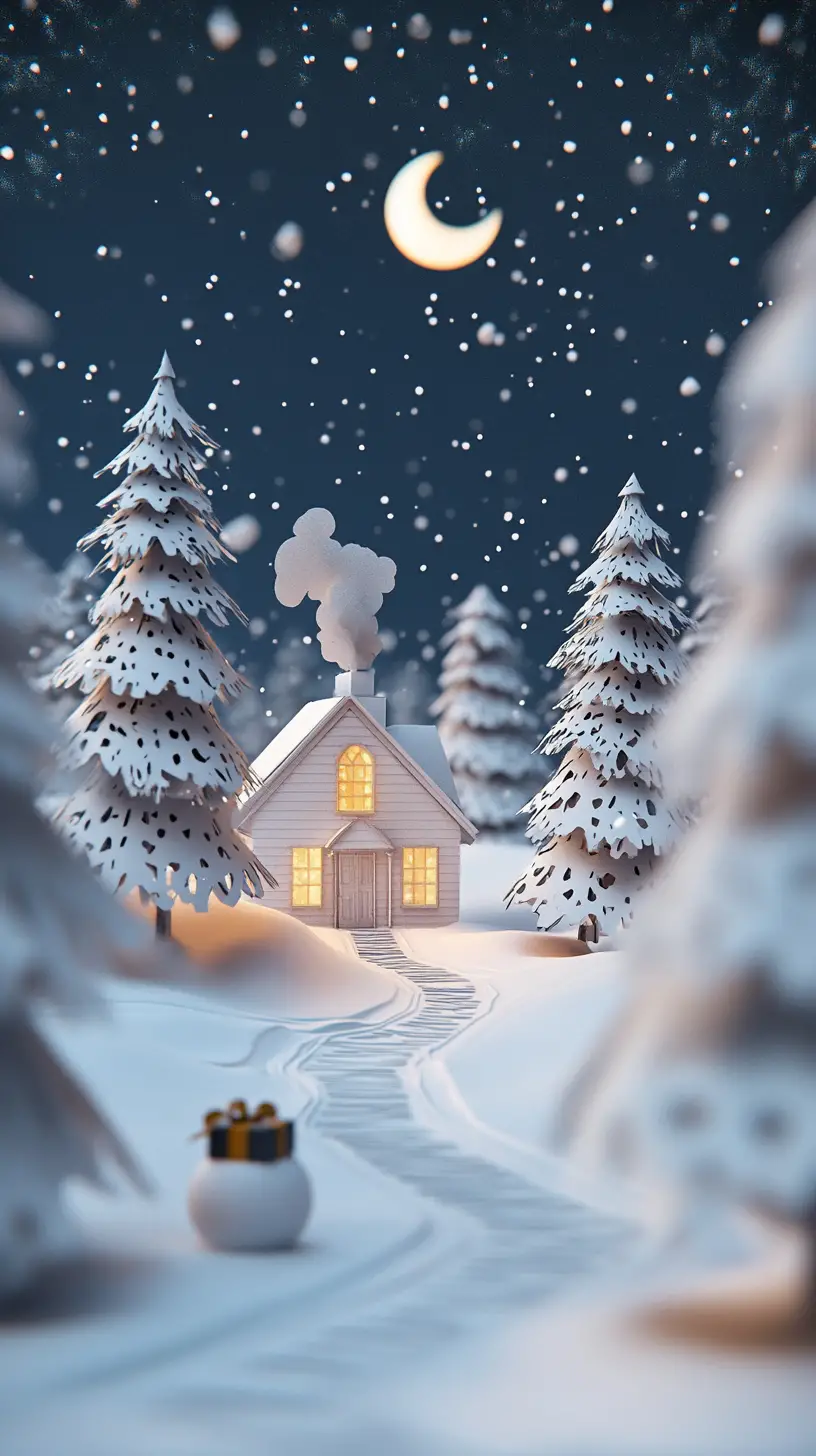 Village enneigé avec chalet et bonhomme de neige sous la lune en croissant