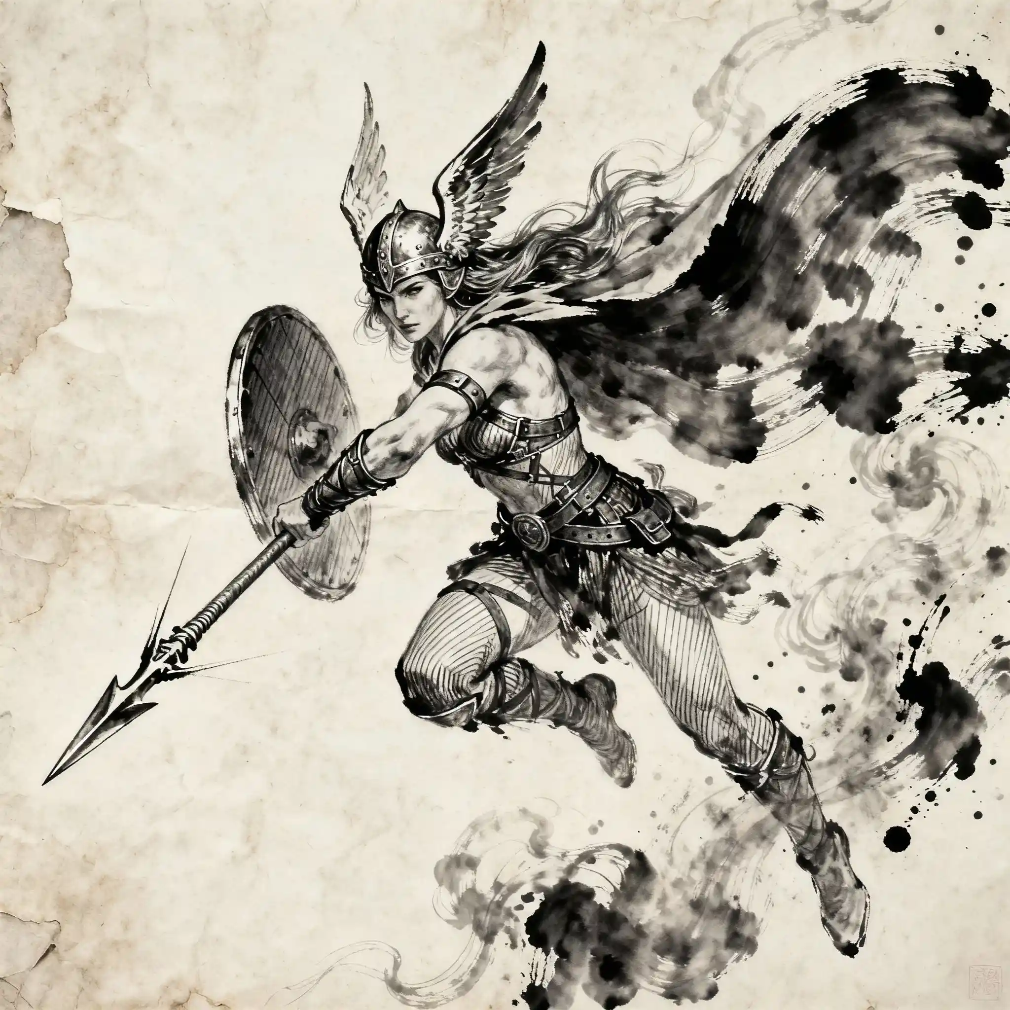 Norse valkyrie warrior in mid air spear and shield attack