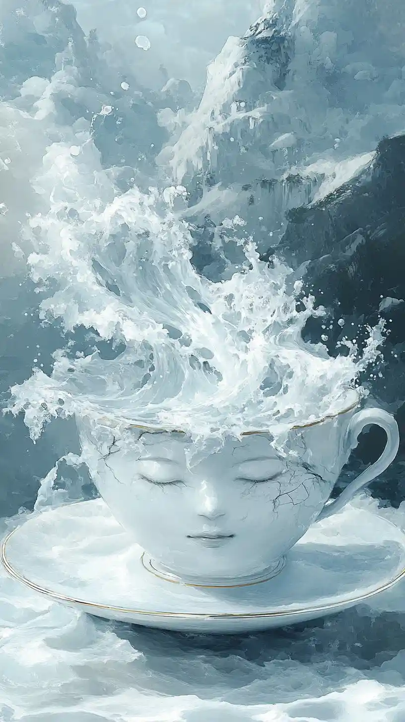 Tasse en porcelaine fêlée libérant des vagues et un visage éthéré