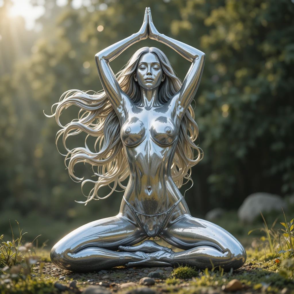 Silberstatue eines langhaarigen Mädchens in Yoga-Pose