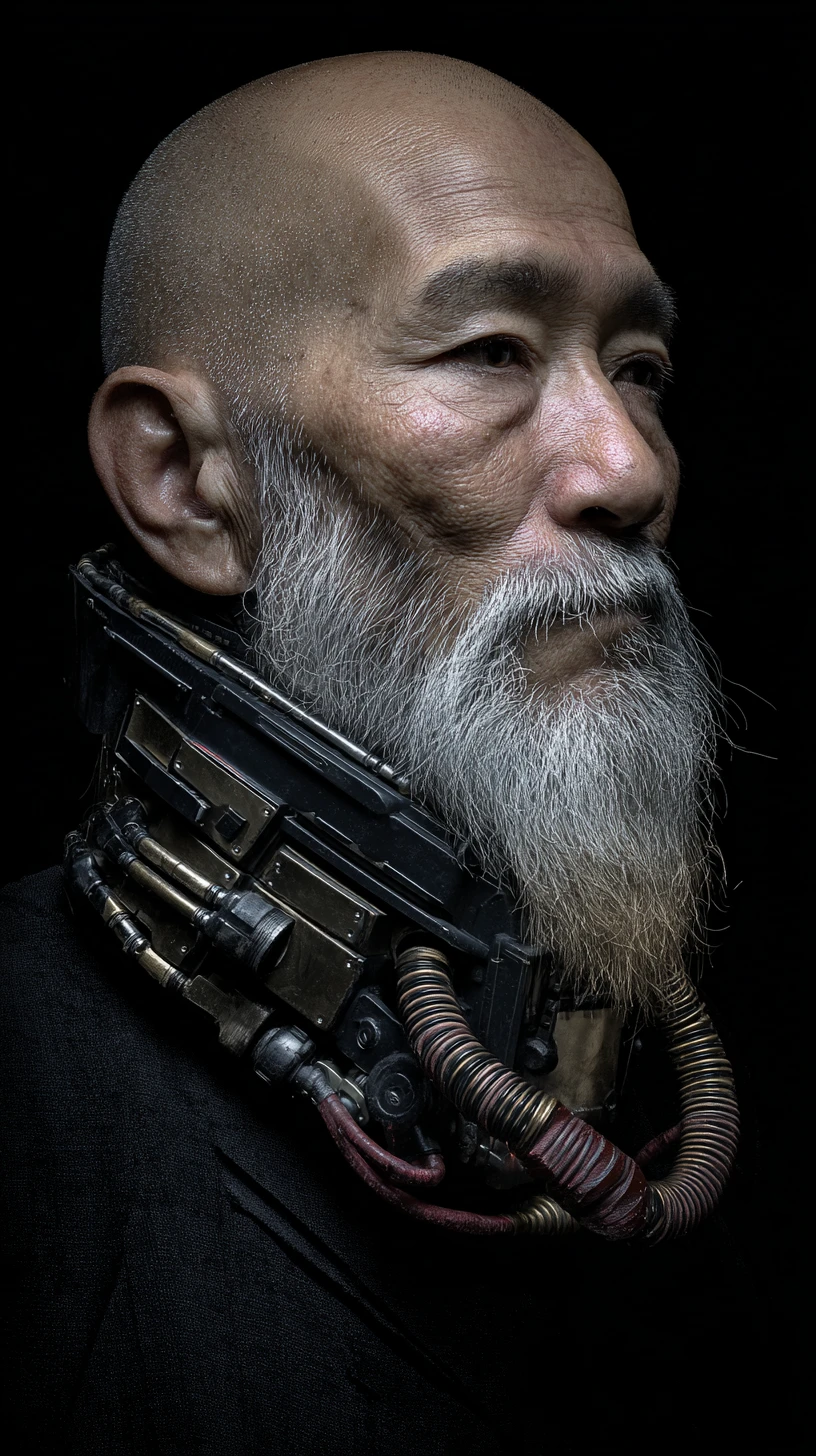 Cyberpunk-Kommandant Porträt eines gealterten Mannes mit Mech-Maske