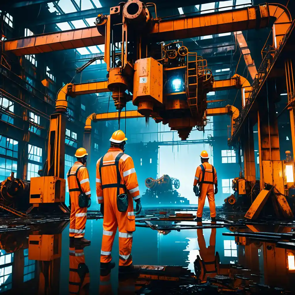 Engineers Salvaging Parts In A Ruined Industrial Factory