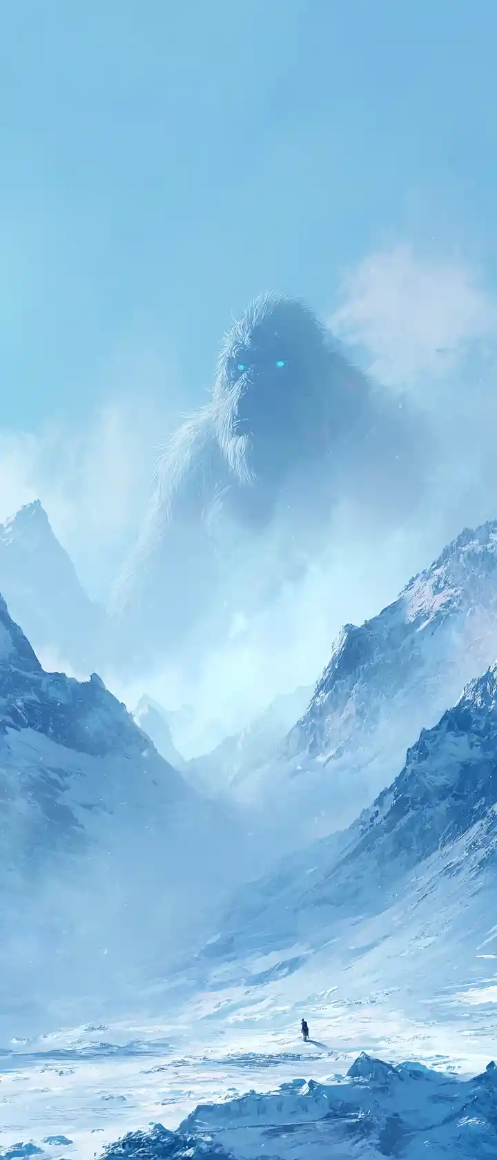 Yeti distante en una vasta y helada naturaleza montañosa
