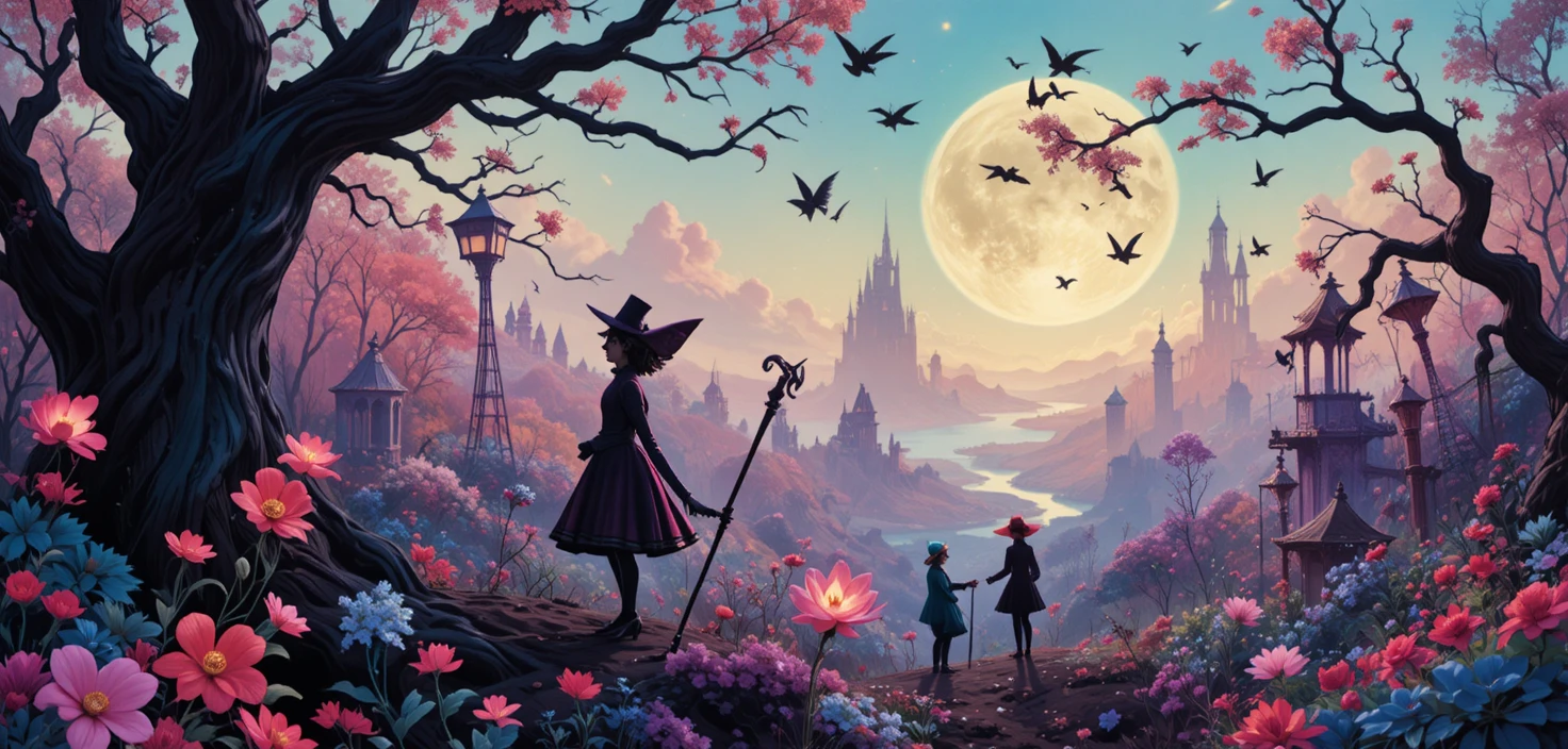Personaggi fantasy stravaganti in colorato stile poster retrò