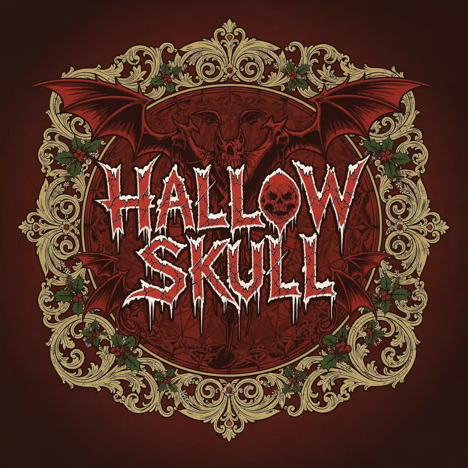 Red Christmas band logo with bats and ornate gold border