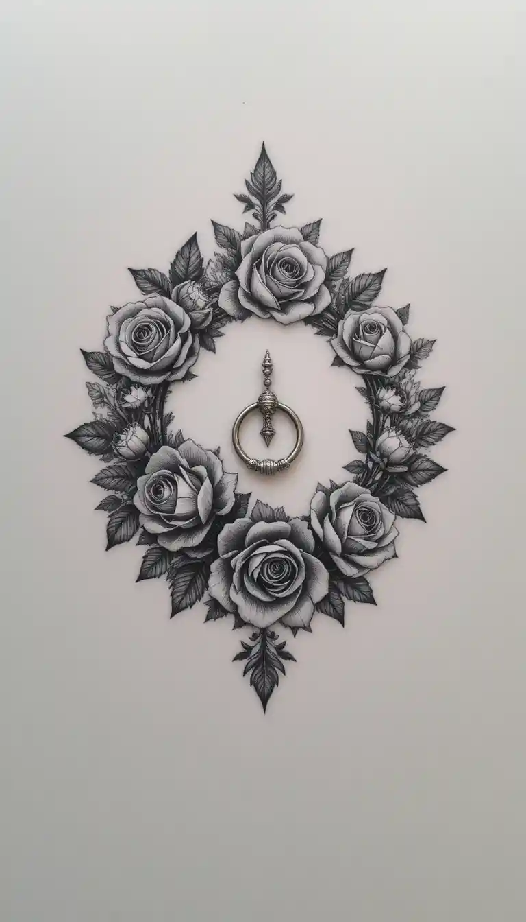 Stilisierte florale Nippel-Tätowierung mit Piercingring