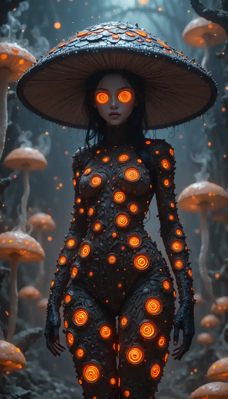 Umanoide Fungo Surreale con Occhi Luminosi in un Ritratto di Dark Fantasy