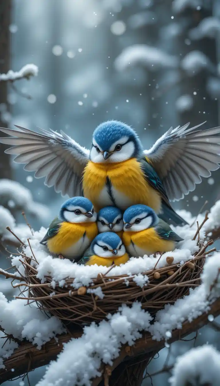 Colorata famiglia di uccelli canori rannicchiata in un nido nella foresta innevata