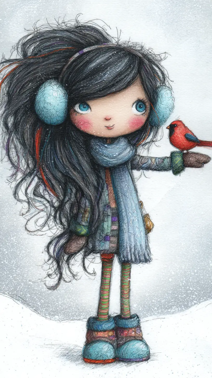 Verspieltes Mädchen mit Kardinal im verschneiten Feld – Illustration