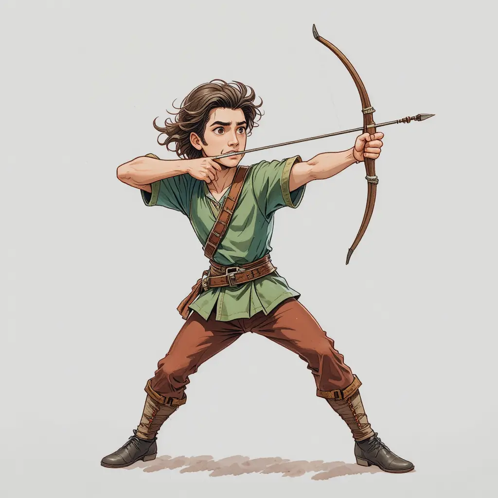 Archer de dessin animé en tunique verte visant avec un arc sur fond blanc