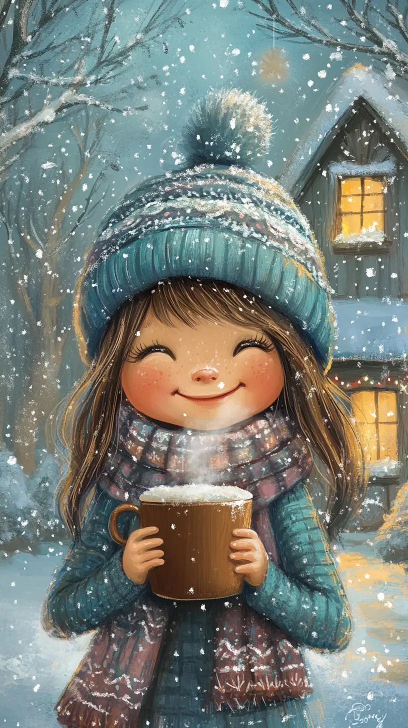 Smiling girl with cocoa in a peaceful winter scene