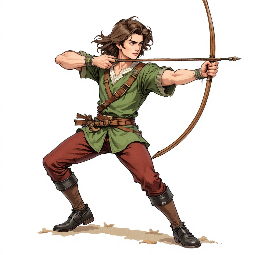 Jeune archer en tunique verte visant avec son arc sur fond blanc