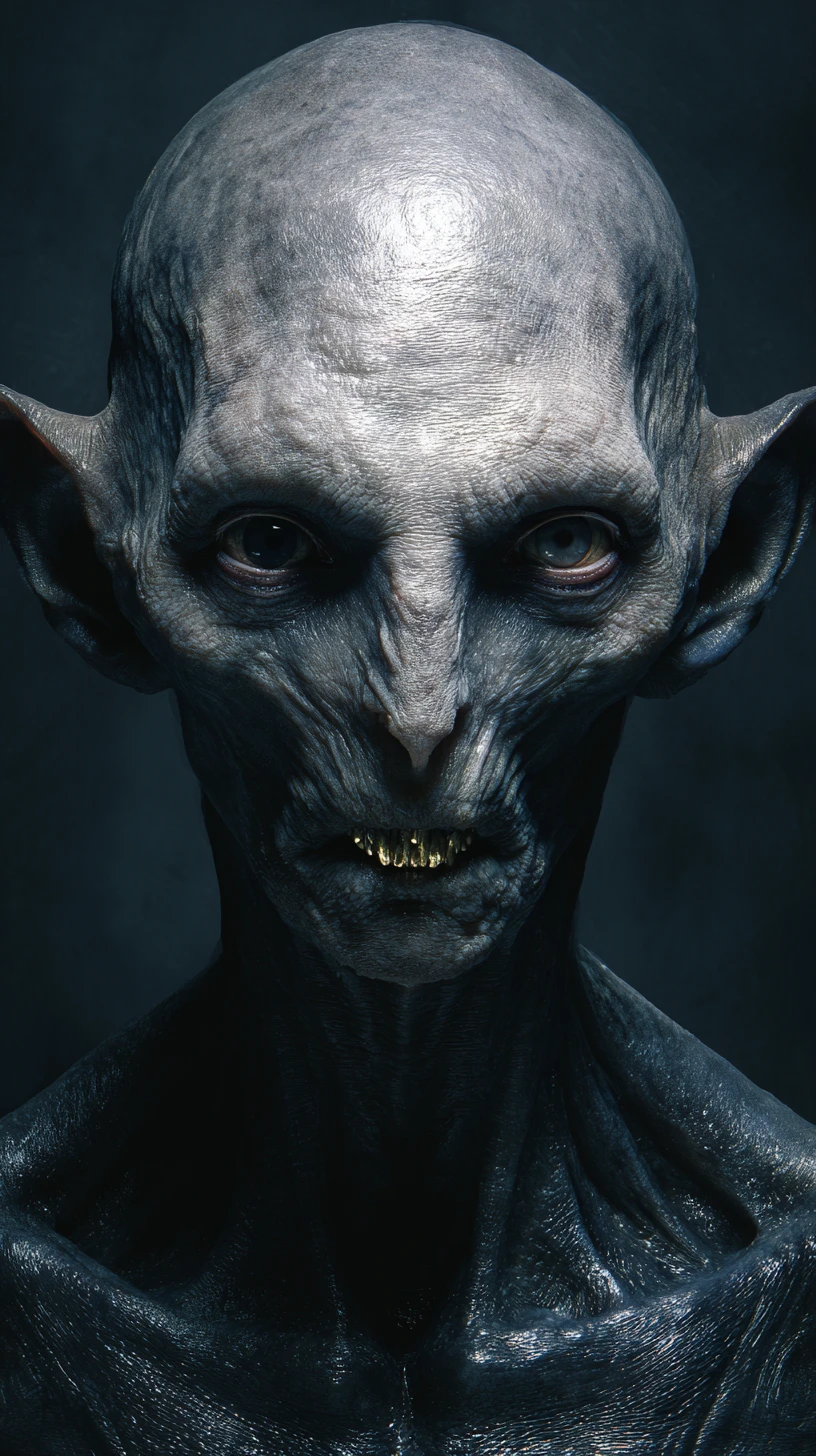 Retrato de monstro humanóide grotesco em látex preto brilhante