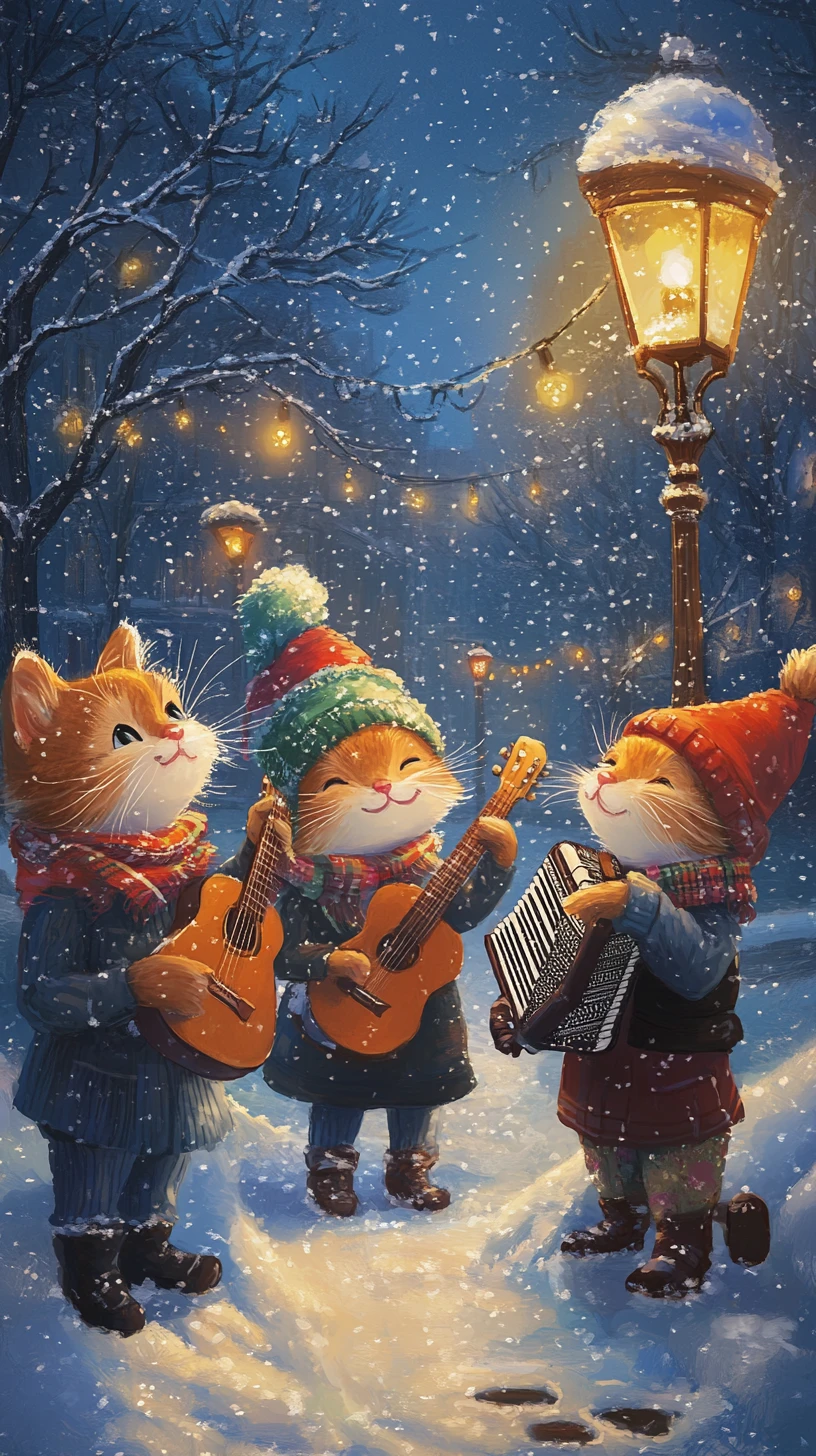 Four musical cats performing on a cozy snowy street