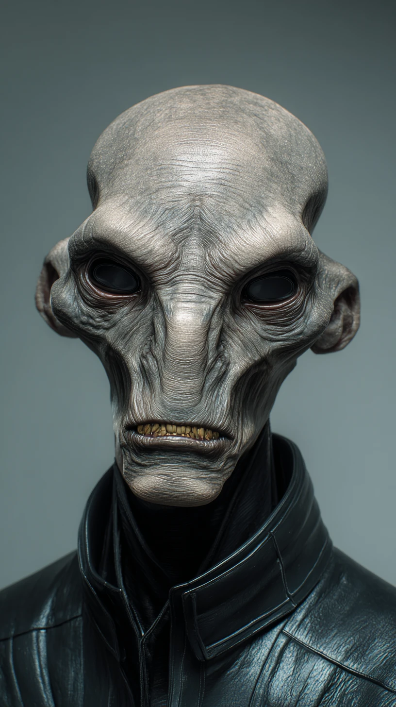Retrato sinistro de humanoide careca com olhos reptilianos