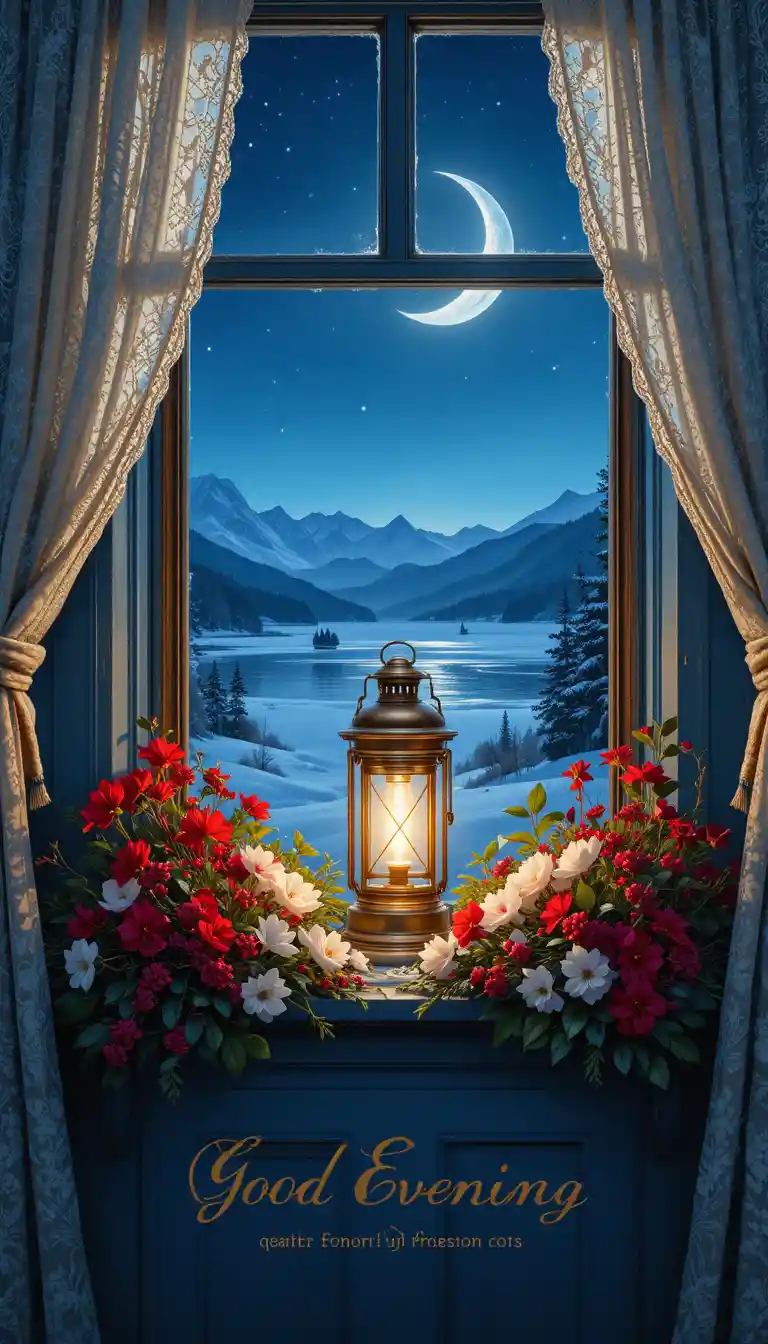 Gemütliche Laterne am Winterabendfenster mit Blick auf verschneite Hügel