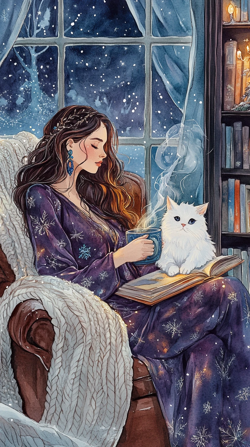 Young woman reading with a glowing cat by the window