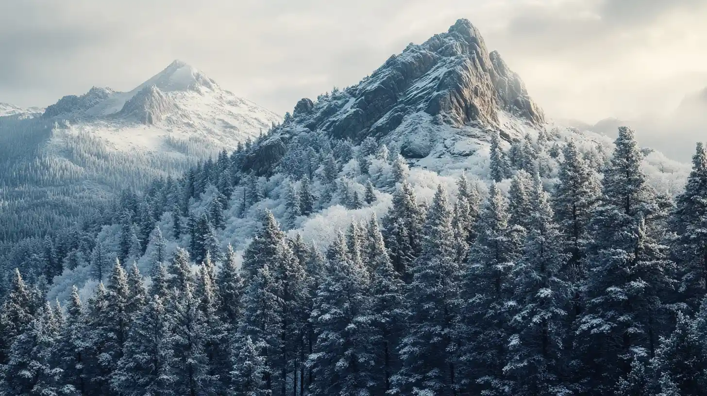 Montaña nevada con bosque de coníferas y rocas heladas
