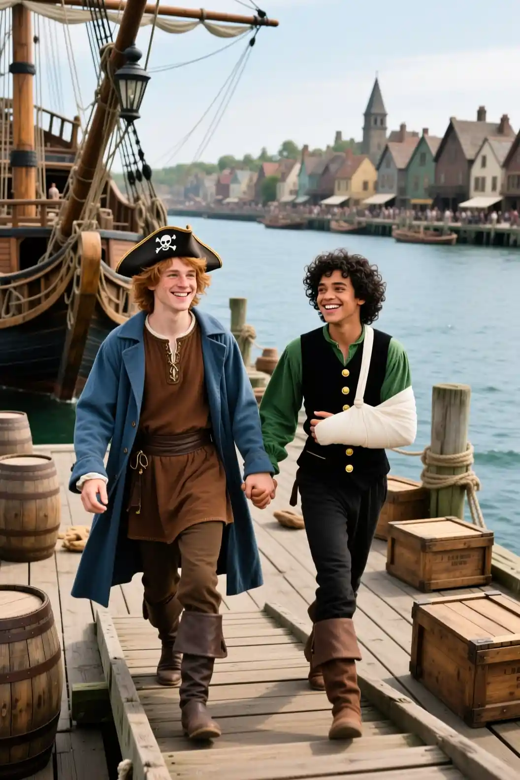 Zwei junge Männer gehen vom Piratenschiff zum Dock