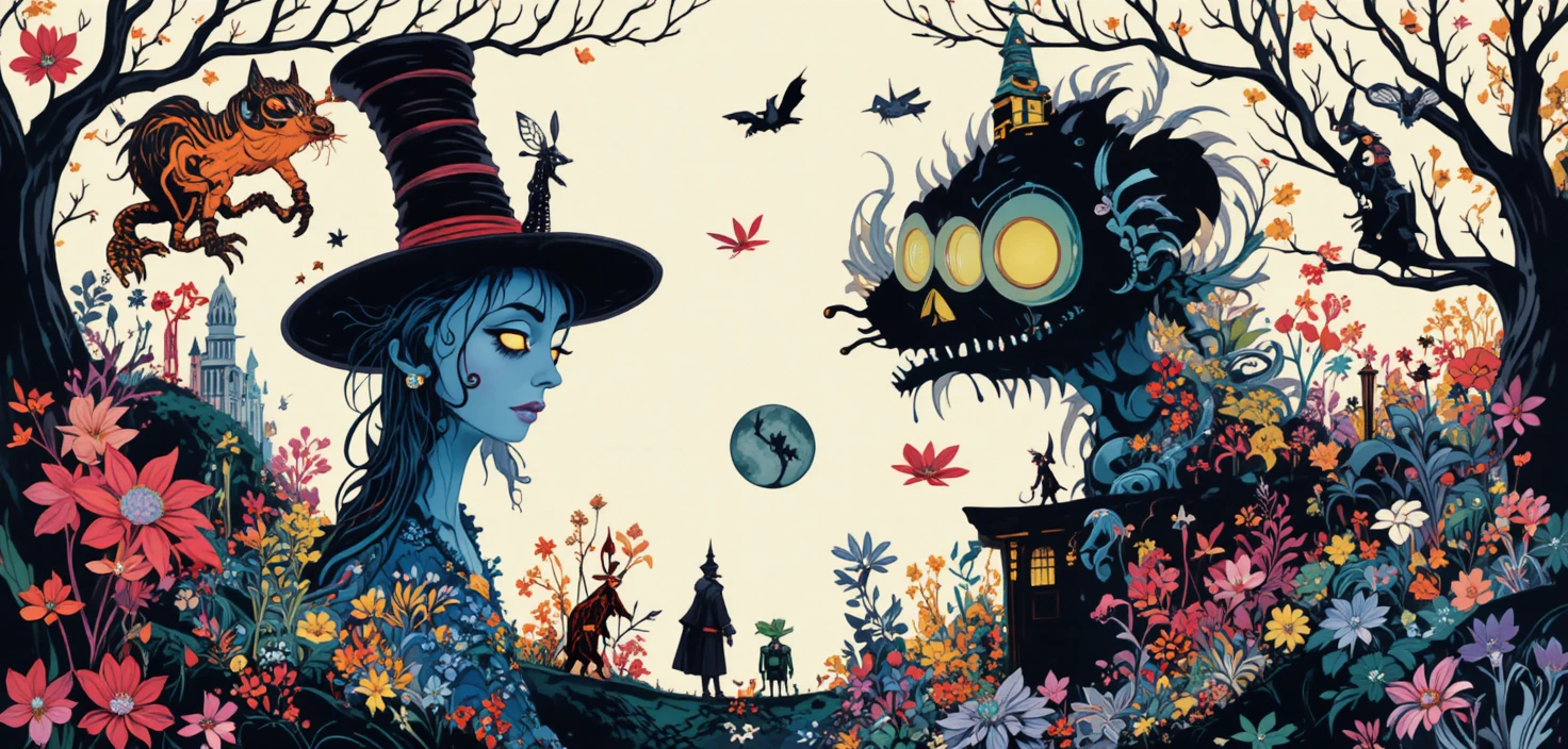 Verspielte Fantasiewesen in einer bunten grafischen Illustration