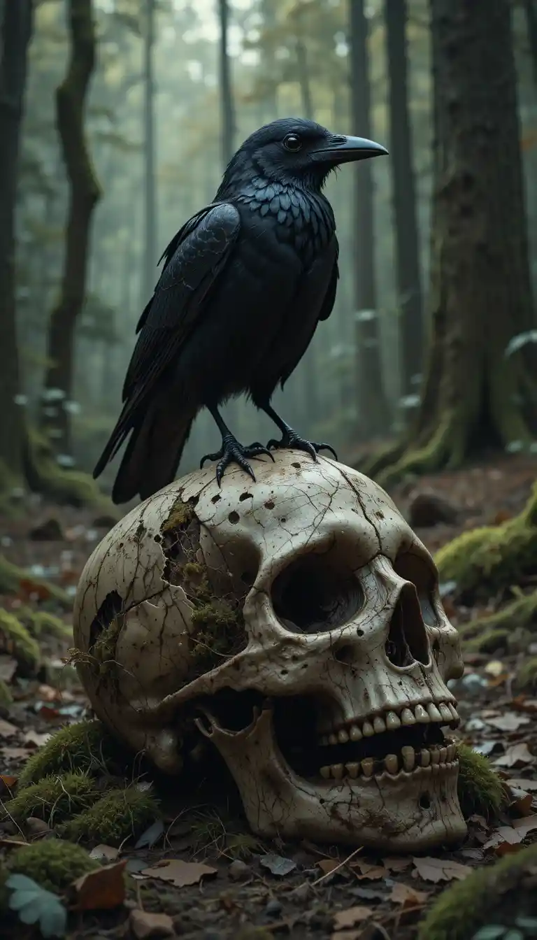 Corbeau sur un crâne humain couvert de mousse dans une forêt sombre