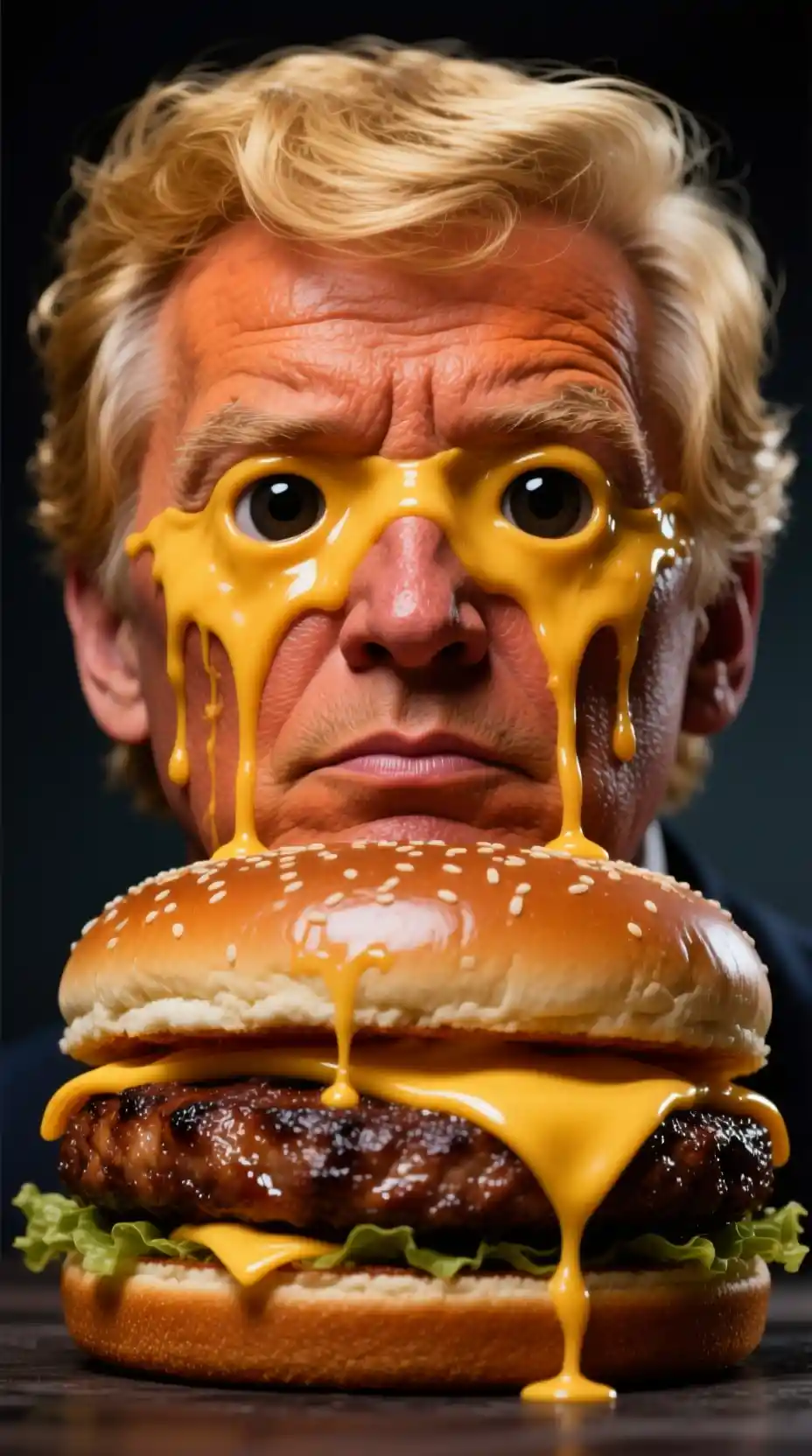 Retrato surreal de hamburguesa con queso con ojos de cheddar derretido