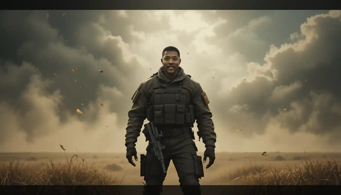 Black sergeant standing alone in a windy battlefield field