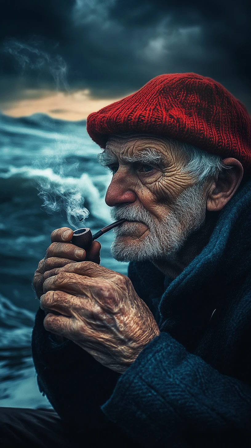 Pescador idoso fumando à beira do mar tempestuoso ao amanhecer