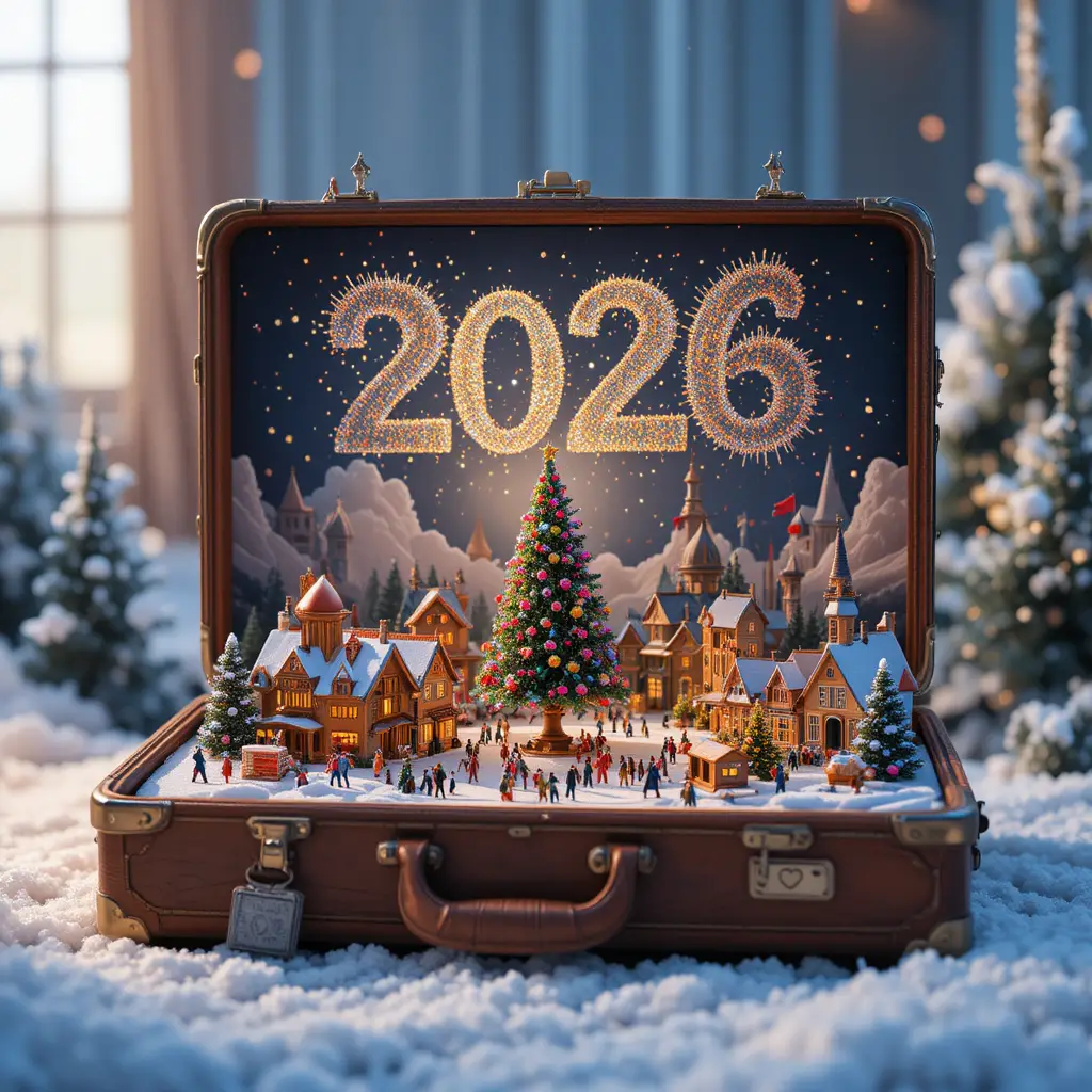 Magico villaggio di Natale in miniatura dentro una valigia aperta