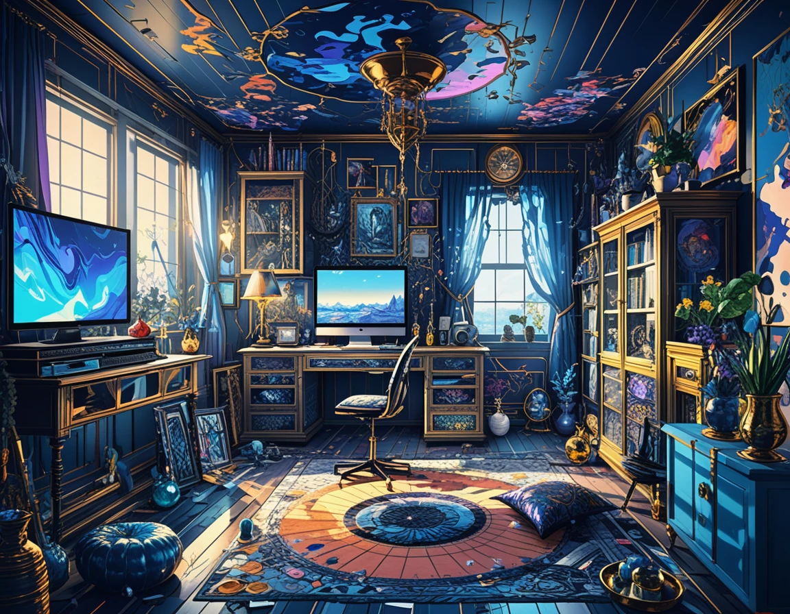 Moody 3d interior living room with eclectic dark decor